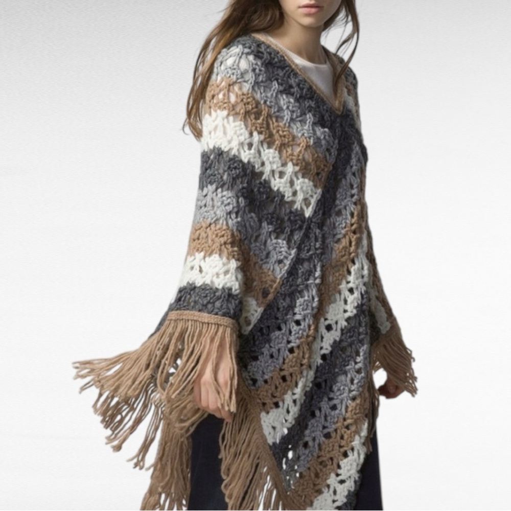 Massimo Dutti | Crochet Striped Poncho Alpaca Wool Blend Fringed Cozy Poncho